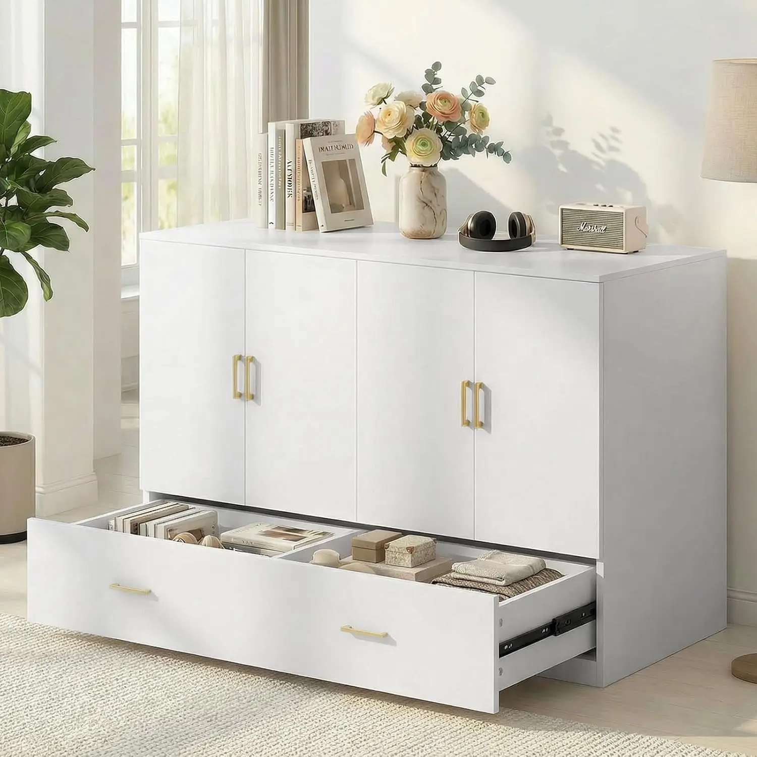 Murphy Cabinet Bed with Tri-Folding Mattress, Queen Size White, Customized