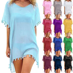 Women Chiffon Tassels Swimsuit Cover Up Sexy Bikini Beach Cover Ups Chiffon Blouse Summer Solid boho Beach Dress robe de plage