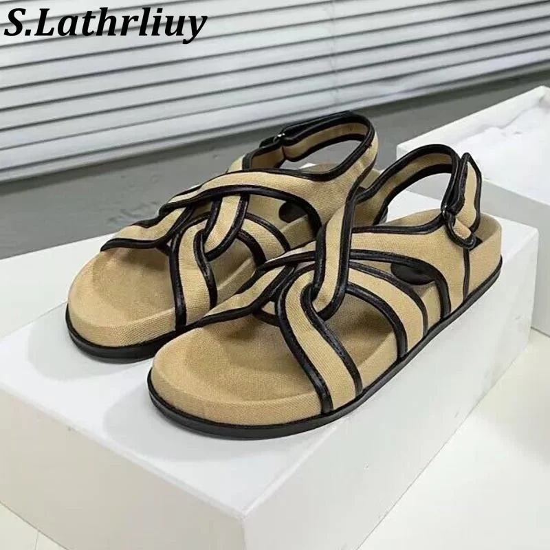 

Summer Open Toed Retro Genuine Leather Back Strap Sandals Women's Solid Color Roman Sandalias Female Leisure Vacation Shoes