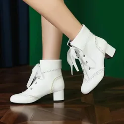 Sweet Retro Lace-up Ankle Ladies Boots Pink Black White Block High Heel Party Women Shoes Autumn Winter 2024 Large Size 43 44 45