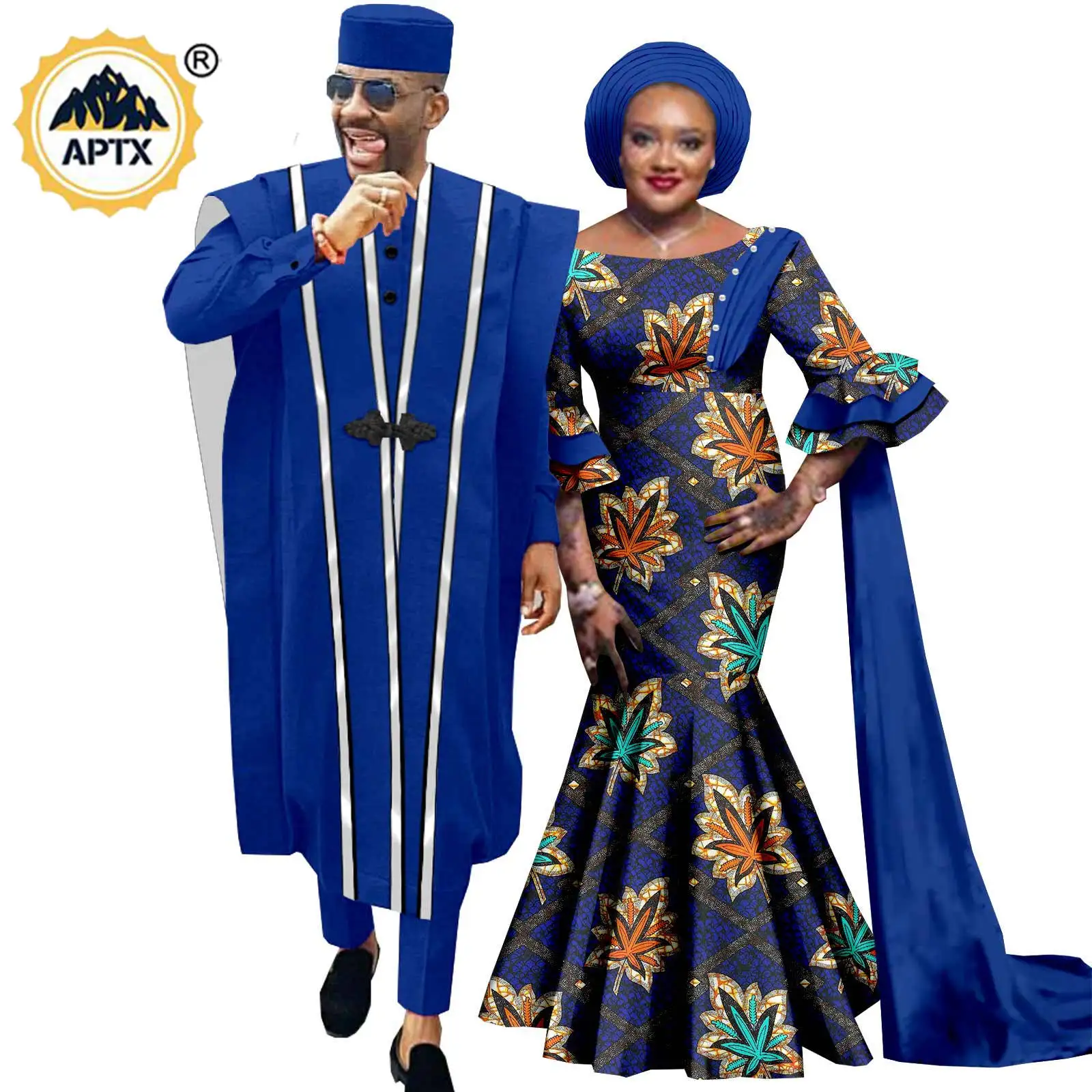 Casal Africano Roupas Combinando, Imprimir Vestidos Longos Sereia para Mulheres e Homens, Roupas Dashiki, Conjuntos De Casamento, 4 Peças, Y23C083