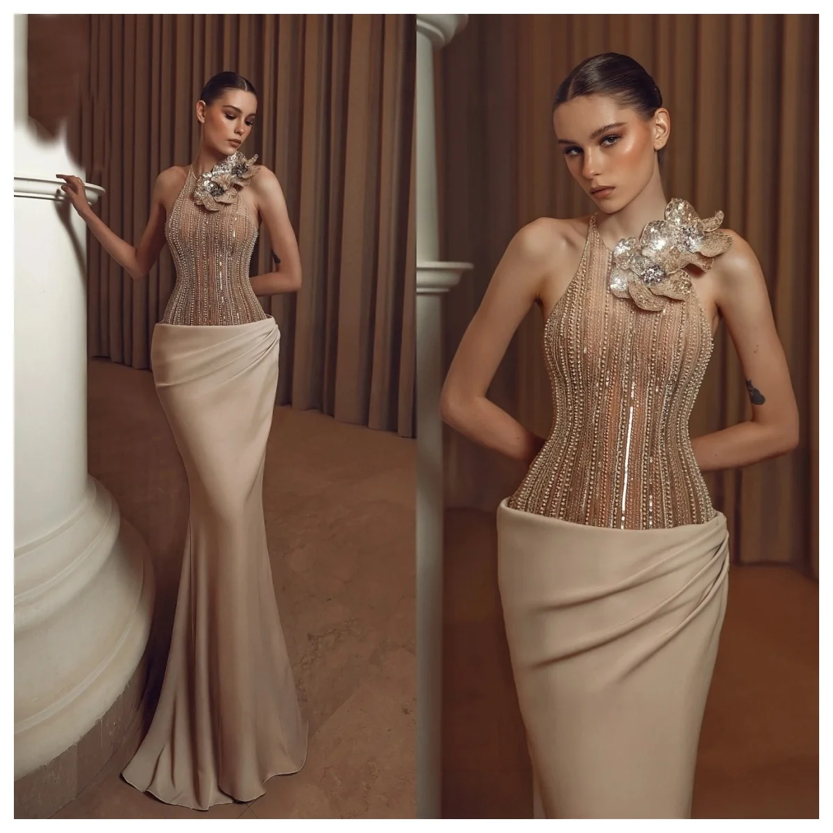 

Gorgeous Mermaid Prom Dresses Halter Crystal Sequined Satin Floor-Length Princess Bride Gowns Customized Vestidos De Novia