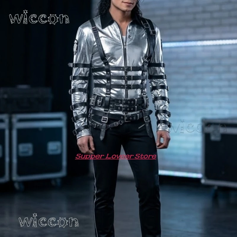 Disfraces de Halloween, abrigo de cuero plateado de Michael Jackson, disfraz punk para escenario + peluca larga y ondulada, accesorio de Halloween