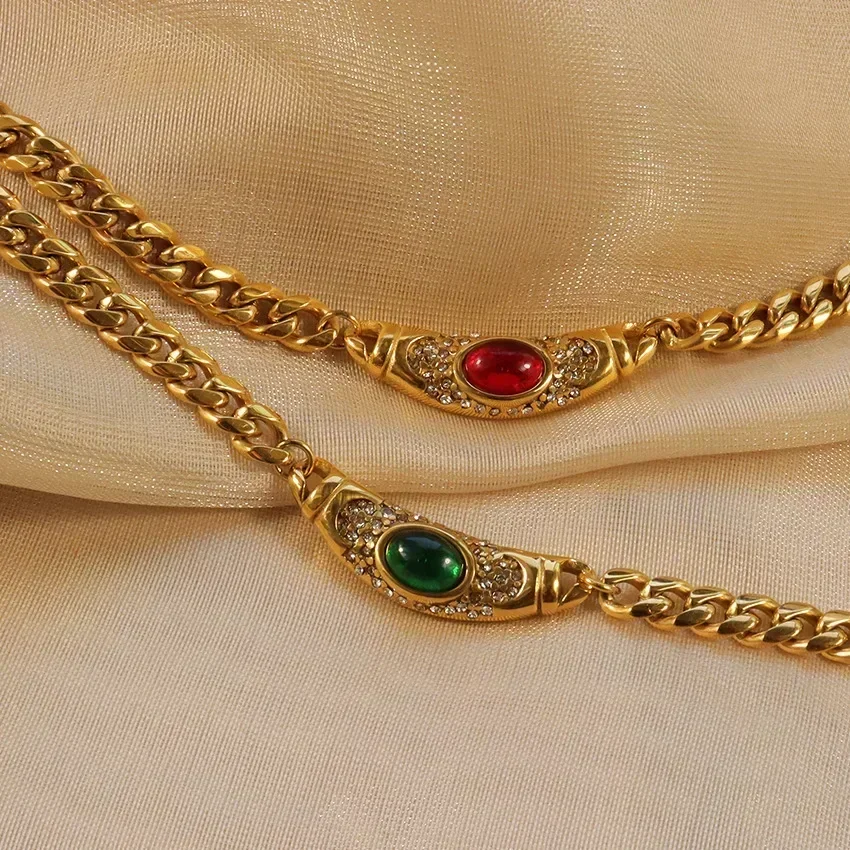 Medieval Big Glass Gem Collares Stainless steel Chain Choker Necklace
