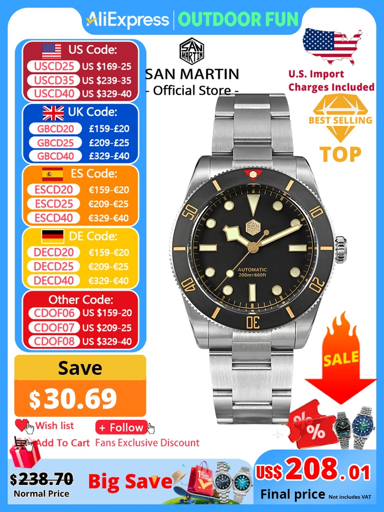 San Martin Neue 37mm BB54 Vintage Taucheruhr NH35 Automatische Mechanische Männer Armbanduhren Saphir Leuchtende Wasserdicht 200m SN0138