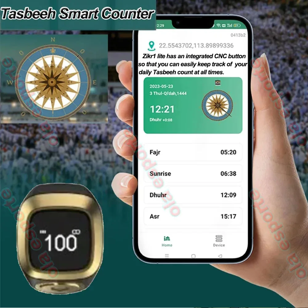 Iqibla Zikr1 Lite Smart Tasbih Tally contatore digitale per musulmani Tasbeeh Zikr Ring 5 tempo di preghiera promemoria vibrazione impermeabile