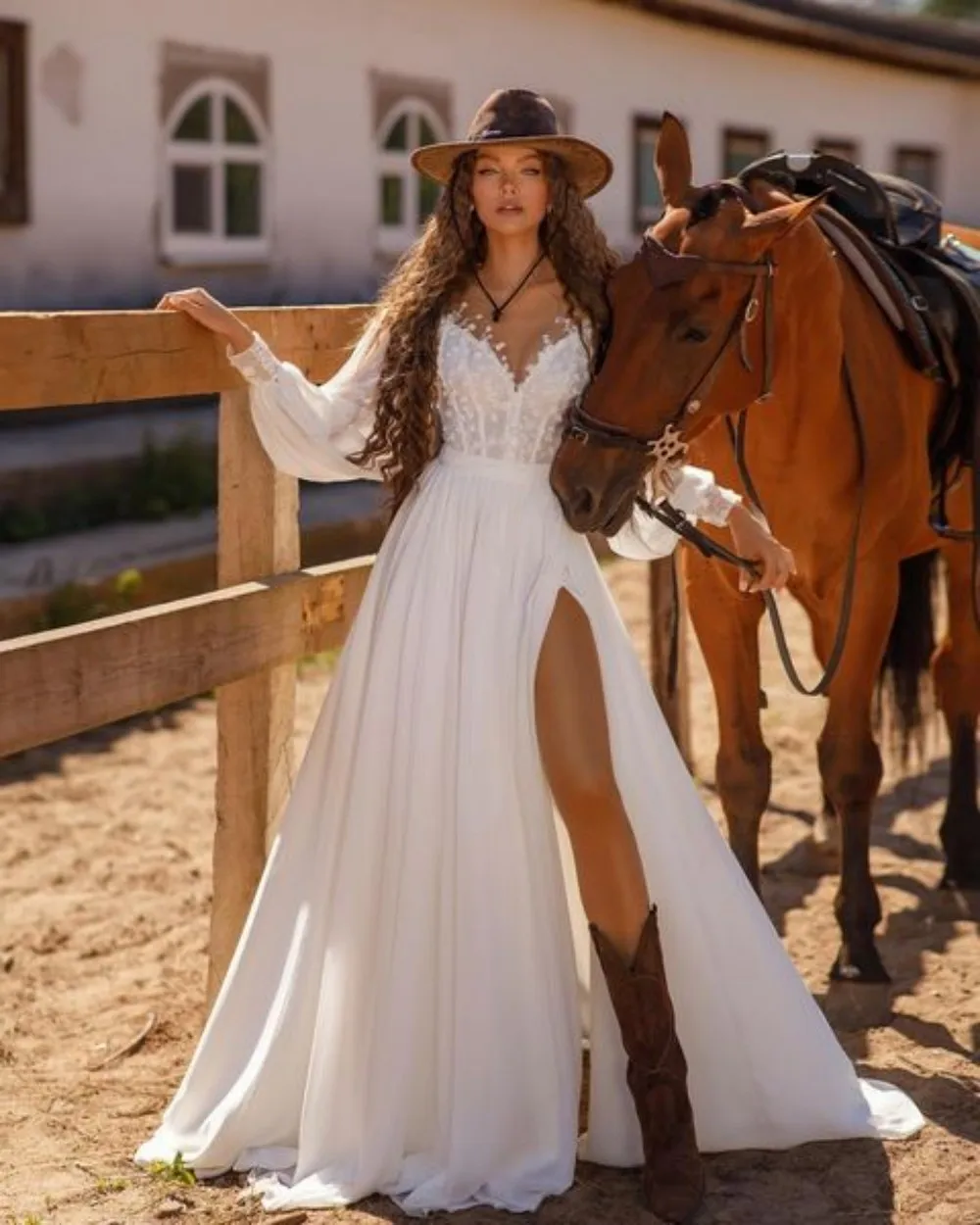 Soft Chiffon White Wedding Dresses Long Puff Sleeves Boho Bridal Gowns Side Split Sweep Train Simple A-Line Vestidos De Novia
