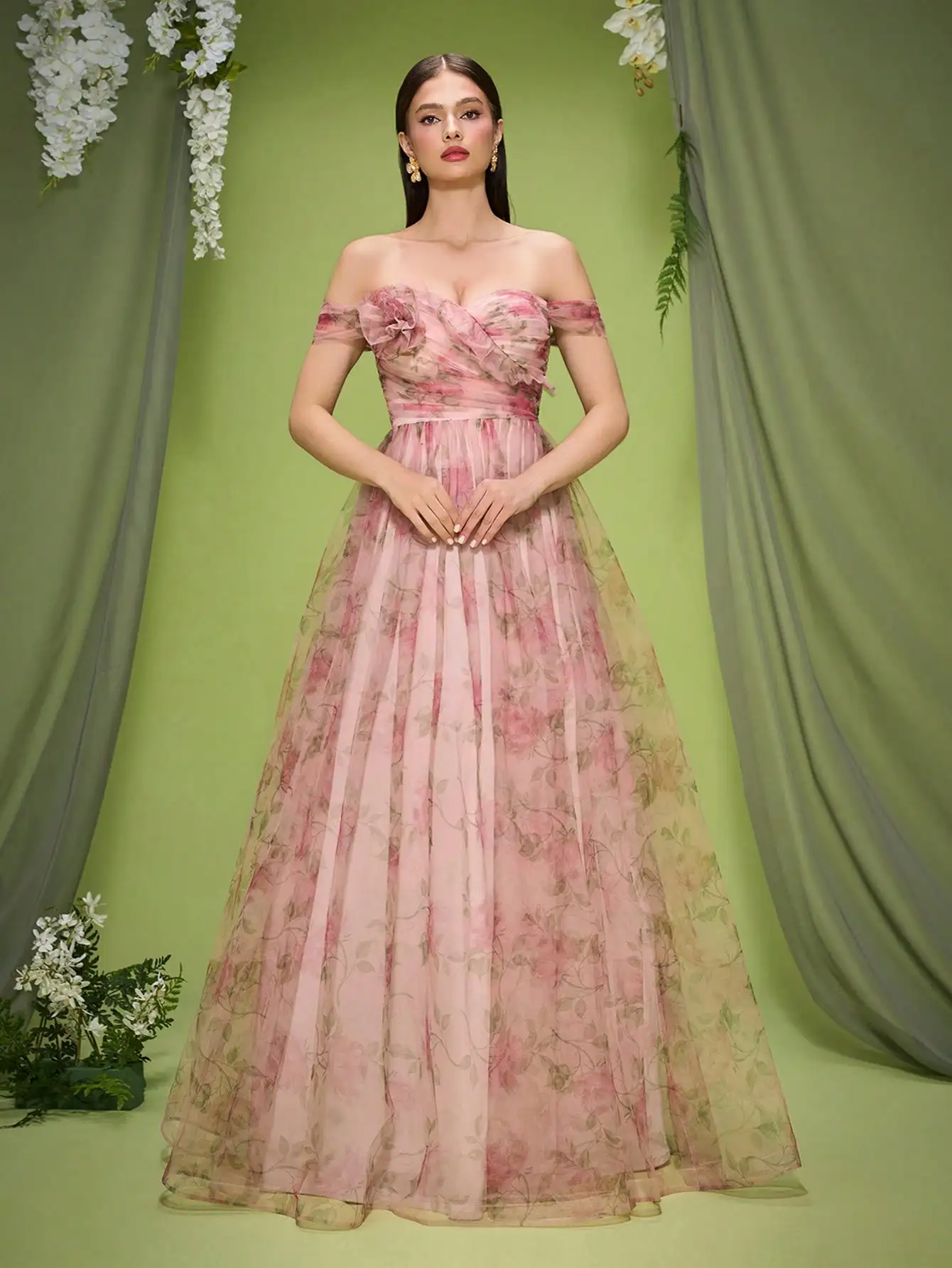 Mgiacy,มาใหม่,ปิดไหล่,โรแมนติก,ตาข่าย,พิมพ์,3D ดอกไม้,ชุดเพื่อนเจ้าสาว,Ruched,Elegant,ชุดยาว