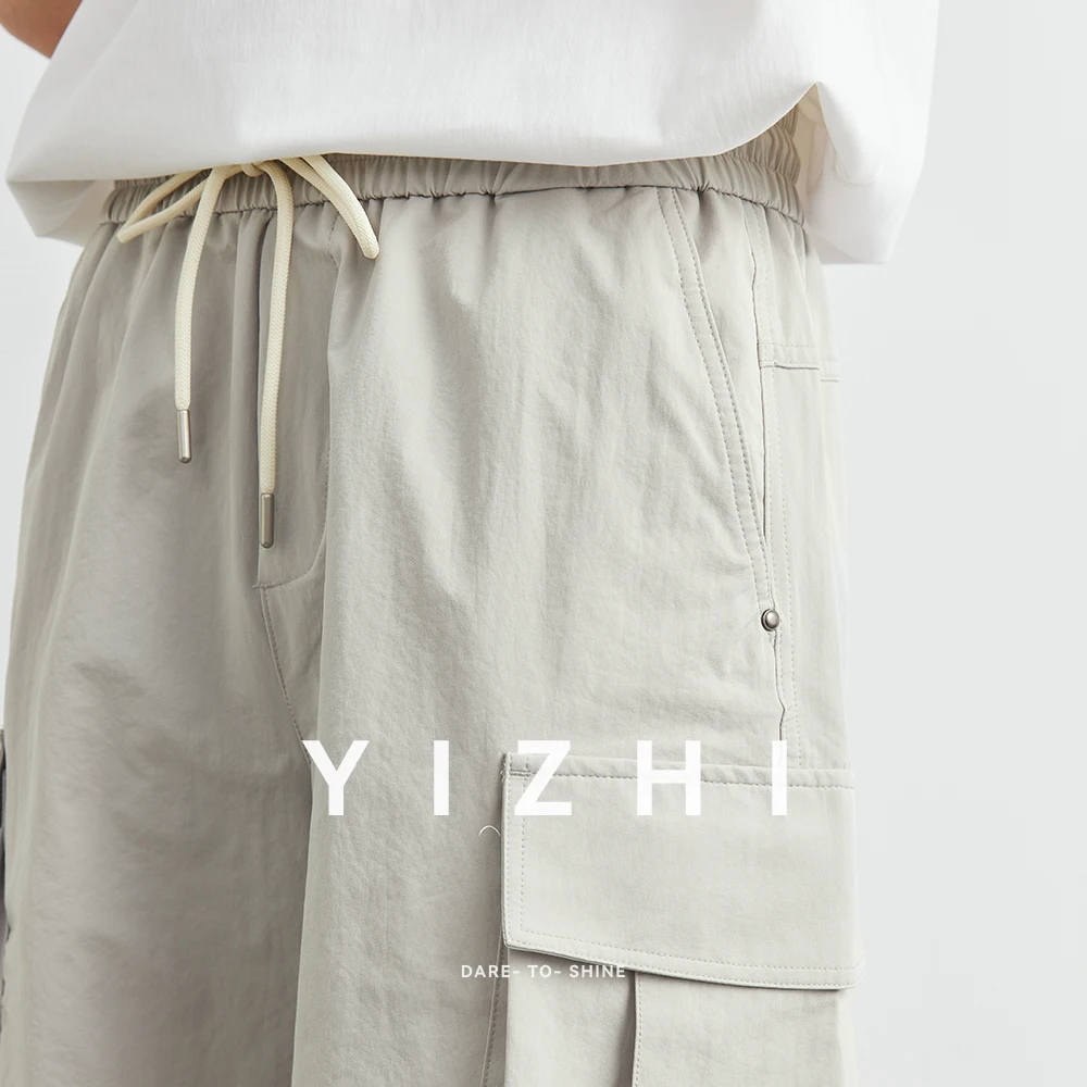 Fashion Men's Large Pocket Wide Leg Work Shorts Summer New Outdoor Sports Straight Style Casual Pants Elastic Waist Design Short