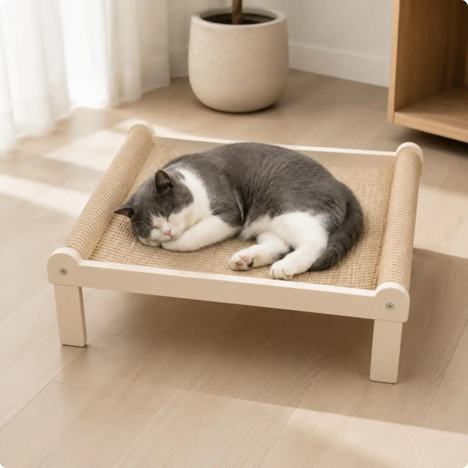 Elevated Cat Lounger with Scratching Surface Robot Vacuum Friendly Raised Cat Scratching Board with Side Rails for Living Room,