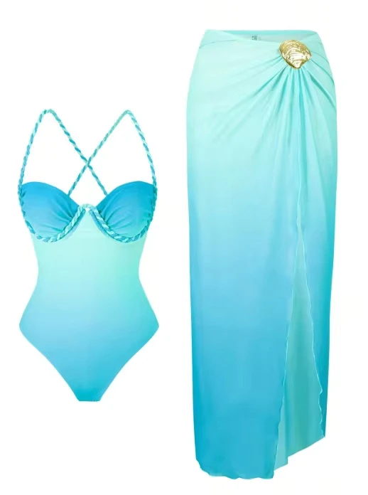 

New One Piece Gradient Swimsuit Female High Leg Cut Bather Bathing Suit Swim With Skirt Underwired Cross Back Women Swimwear
