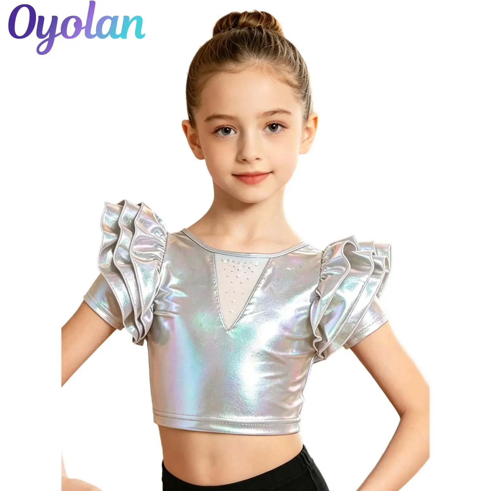 

Kids Girls Jazz Dance Crop Top Hip Hop Party Stage Performance Costume Metallic Layered Ruffled Sleeves Keyhole Back Tops
