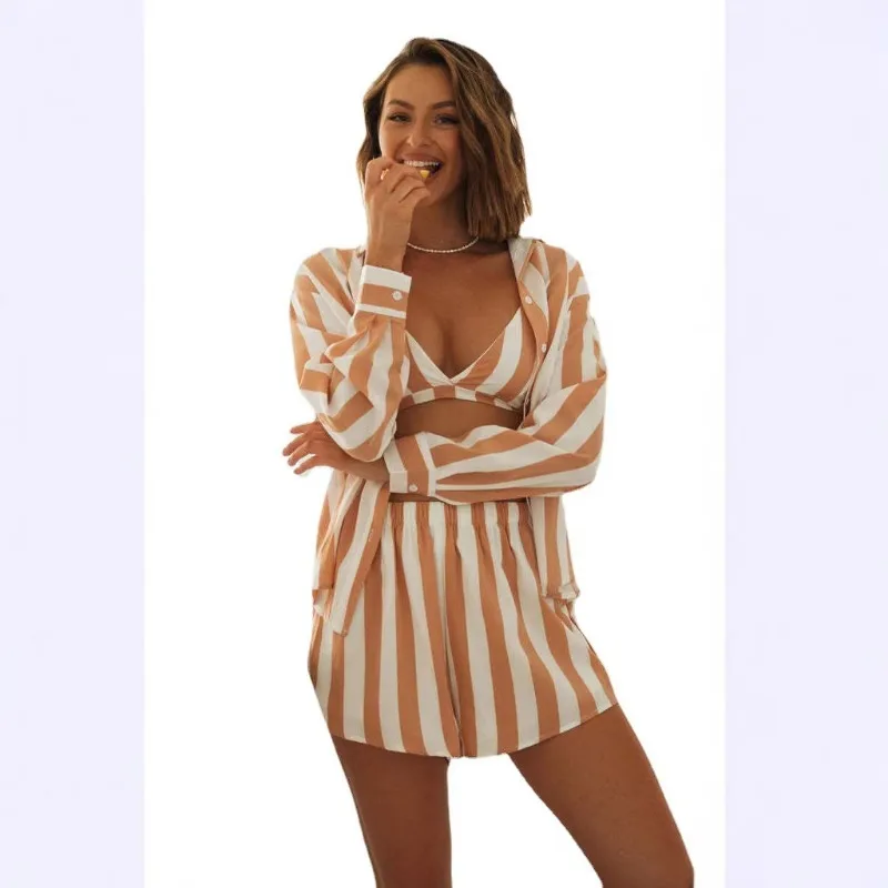 

Women Striped Long Sleeve Shirt Bra And Shorts Three Piece Loungewear Set