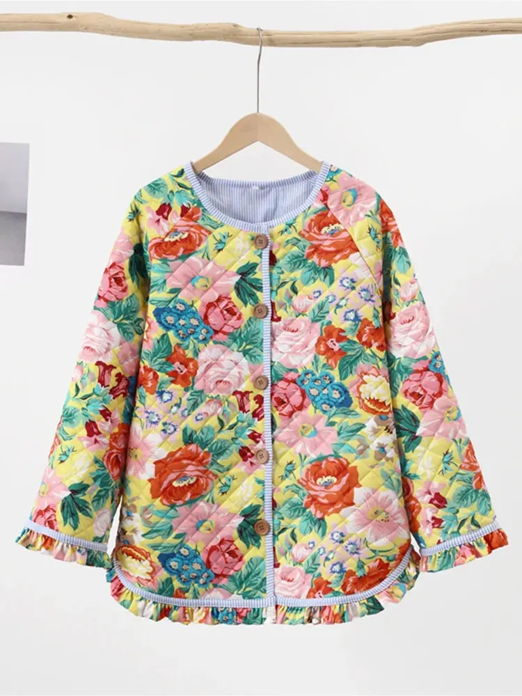 TRAFZA Floral Coat For Women Fashion Long Sleeve O Neck Single Breasted Jacket Autumn Casual Female High Street Y2k Outwear