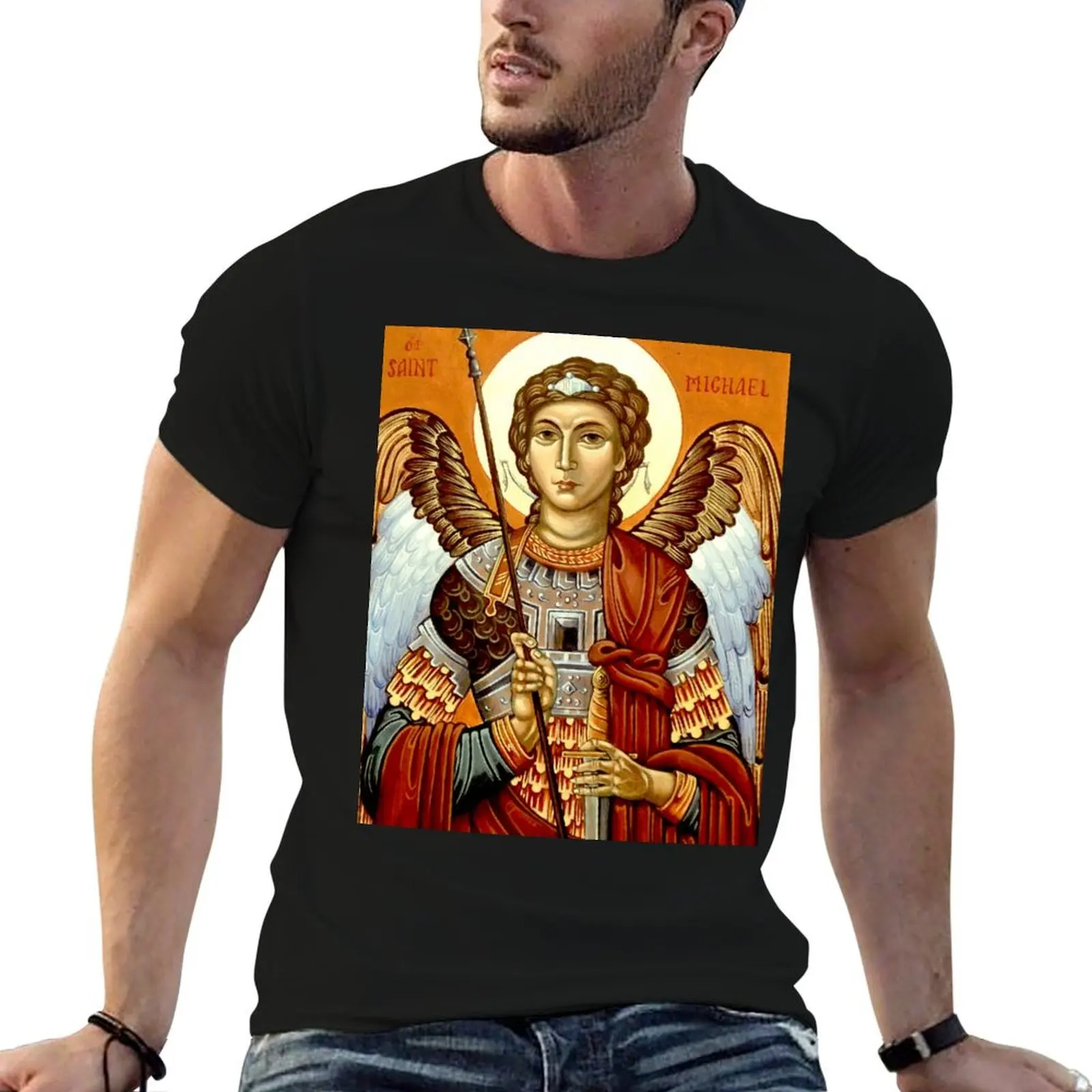 Icon of the Archangel St Michael, Protector of the home, by Olga Bileski T-Shirt essential t shirt mens cotton t shirts