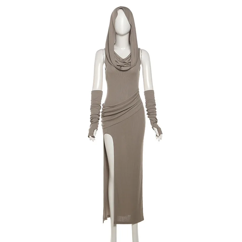 #4229 Khaki Sleeveless Hooded Long Dress Women Slim Asymmetrical Bodycon Dress Femme Gloves Slim Folds Streetwear 