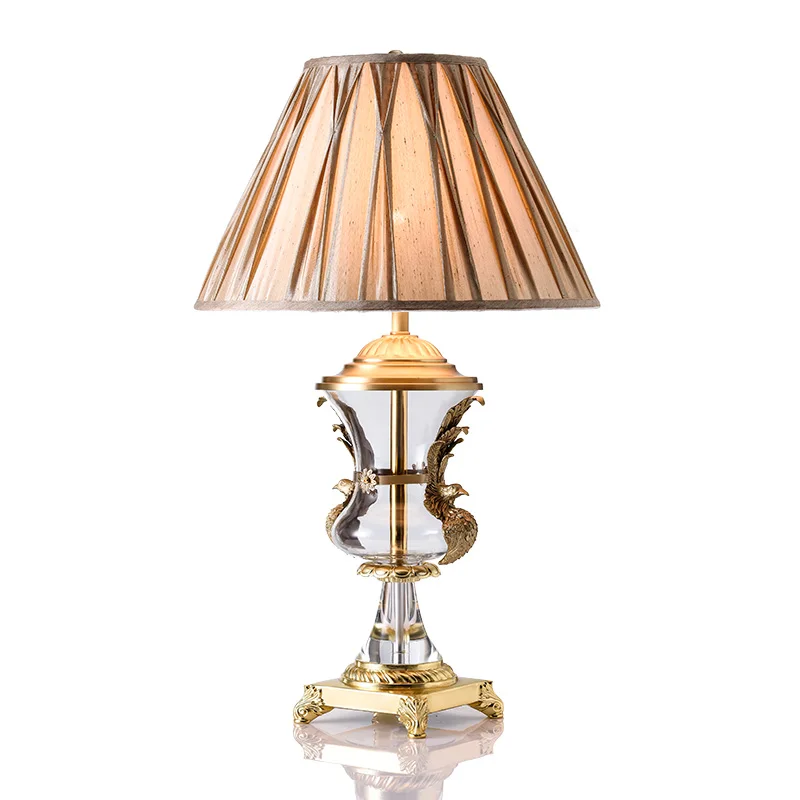 European Copper Transparent Glass Bedroom Bedside Table Lamp American Phoenix Brown Cloth LED E27 Livingroom Study Desk Lighting