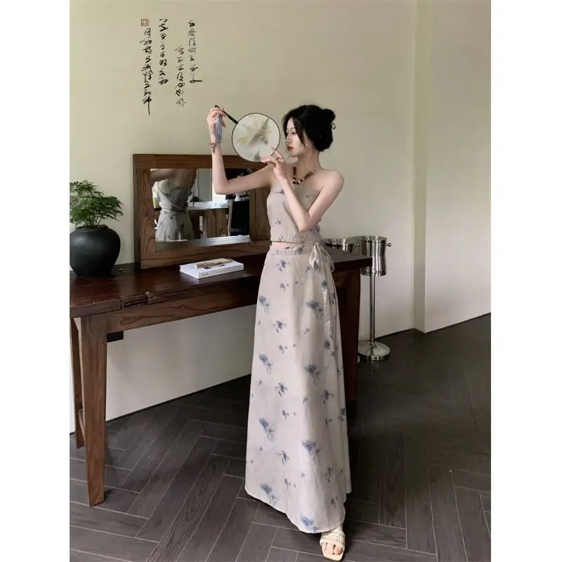 2024 New Summer Chinese Style Hanging Neck Strap Tank Top Women\'s Set Medium Length Half Skirt Two Piece Set