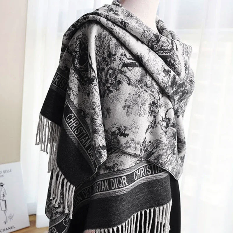 Blended Cashmere Ink Wash Printing Scarf Women Girls Fashion Tassel Shawl Winter Warm Scarf Neckerchief Costume Accessories