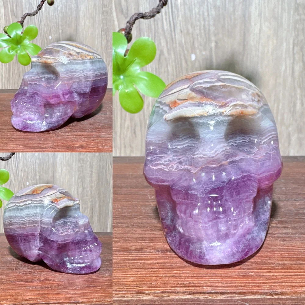 

1PC Natural Unique Hand Carved Purple Silky Fluorite Skull Stone Carving Ornament Healing Crystal Reiki Energy Cool Skulls Gifts