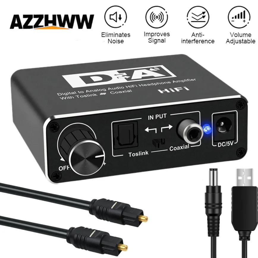

Digital to Analog Converter HiFi Headphone Amplifier With Volume Adjustable Optical SPDIF Toslink Coaxial to L/R 3.5mm Adapter