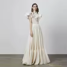 Carolina High Neck Ruffles A-Line Evening Dresses Short Sleeves Elegant Floor Length Ivory Robe De Mariée Party Gown Women