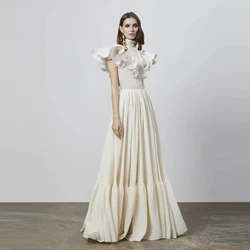 Carolina collo alto Ruffles a-line abiti da sera maniche corte elegante lunghezza del pavimento avorio Robe De Mariée abito da festa donna