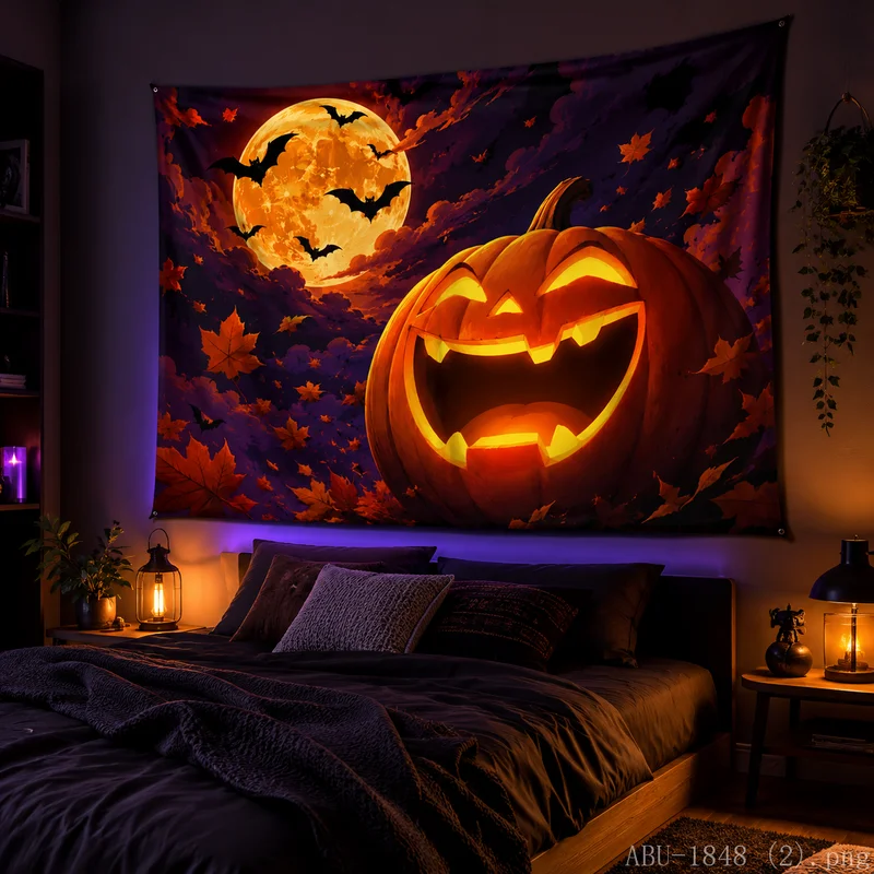 VIKAMA Spooky Halloween Wall Tapestry, Glowing Pumpkin Night Storm Art for Home Party Halloween Decoration
