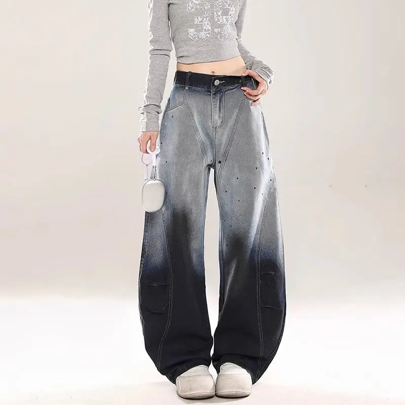

American retro gradual change scimitar jeans women's summer 2025 new loose high waist thin wide leg mopping pants