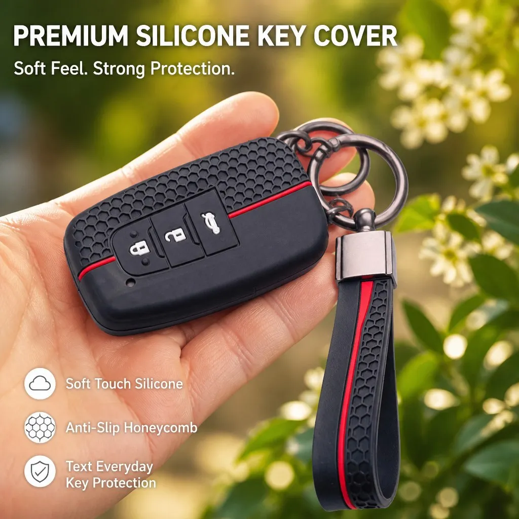 Silicone Car Key Fob Cover with Matching Keychain is, Fits Toyota models Camry Corolla RAV4 Prius featuring fobs including