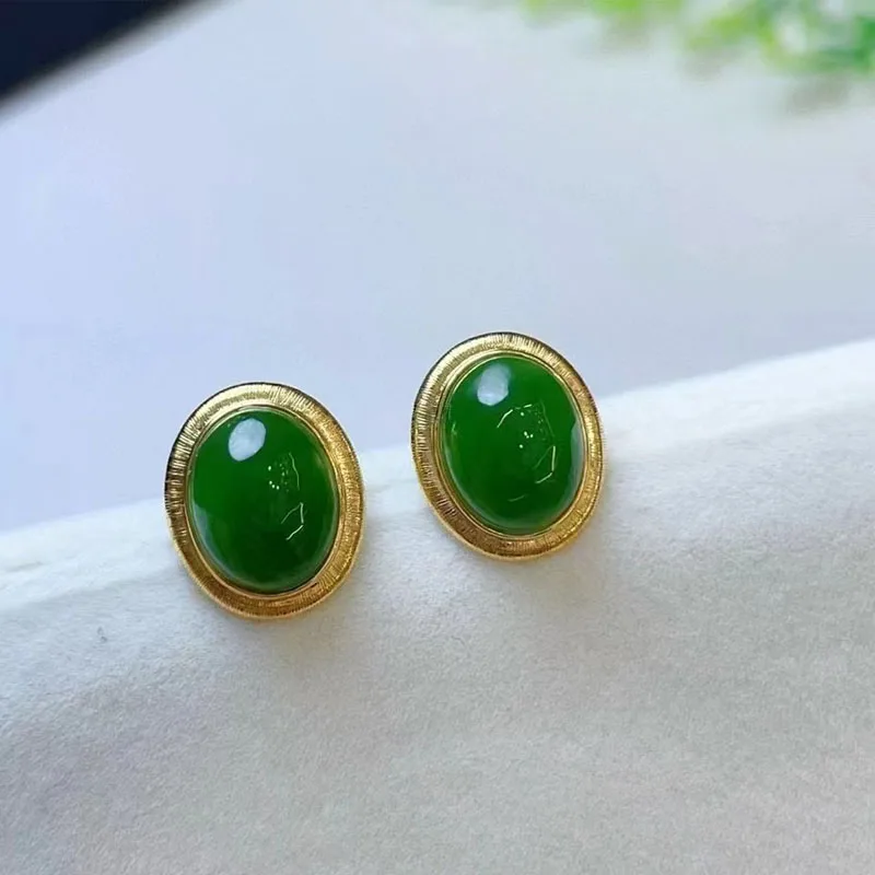 

18K gold inlaid Xinjiang natural Hetian jasper old material stud earrings natural jade warm and trendy earrings with certificate