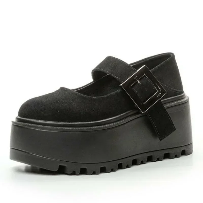 

8 см новые дизайнерские туфли-лодочки из натуральной кожи на танкетке с круглым носком, весна-лето, женские модные лоферы Мэри Джейн на плоской подошве с крючками