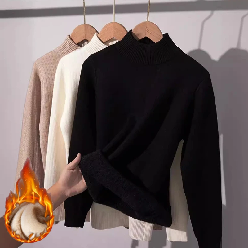 2025 Autunno Inverno maglione a collo alto donna elegante addensare foderato in velluto caldo suéter lavorato a maglia pullover caldo versatile top in maglia