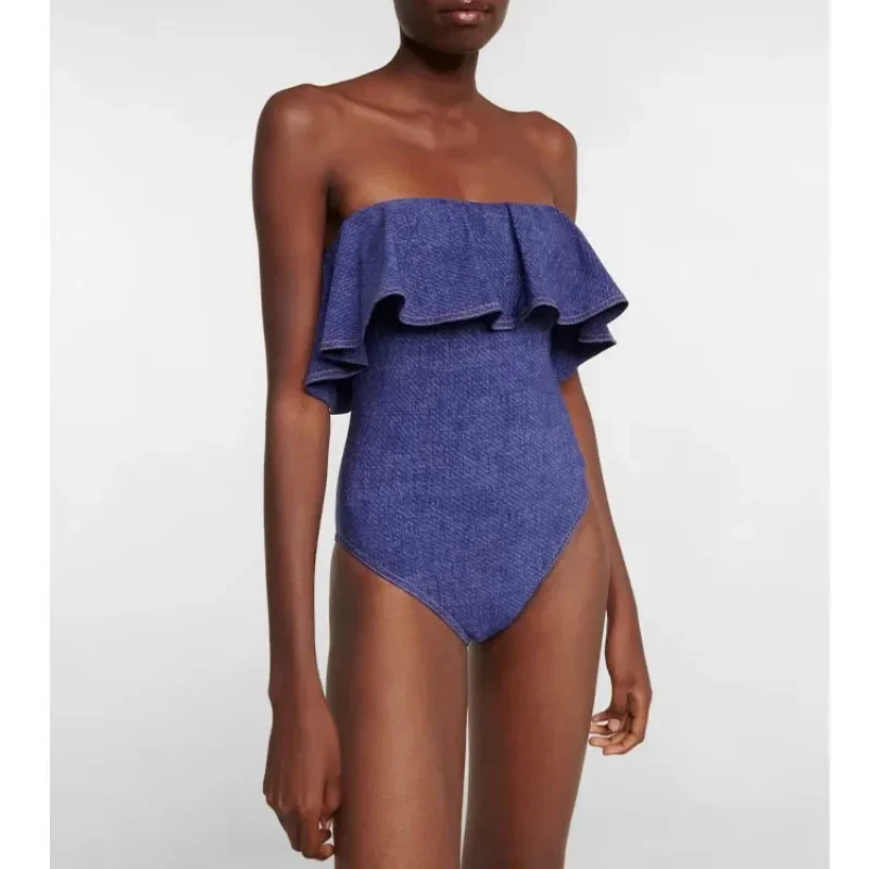 Traje de baño y falda de una pieza con volantes para mujer, traje de baño sin tirantes, traje de baño de playa Bandeau femenino, nuevo, 2023