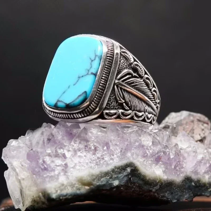 New Ring Personalized Fashion European and American Creative Inlaid Square Turquoise Men's Dating Ring