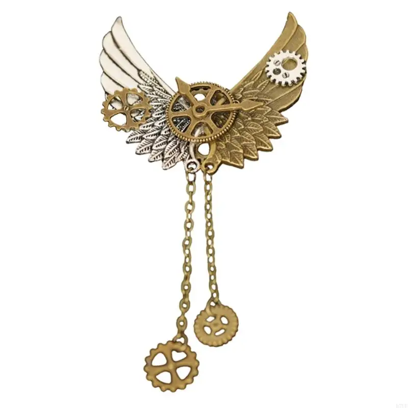 

R7UF Women Men Steampunk Gears Brooch Wings Chain Pentagons Breastpin Halloween Cosplay Decor Fashion Christmas Gift