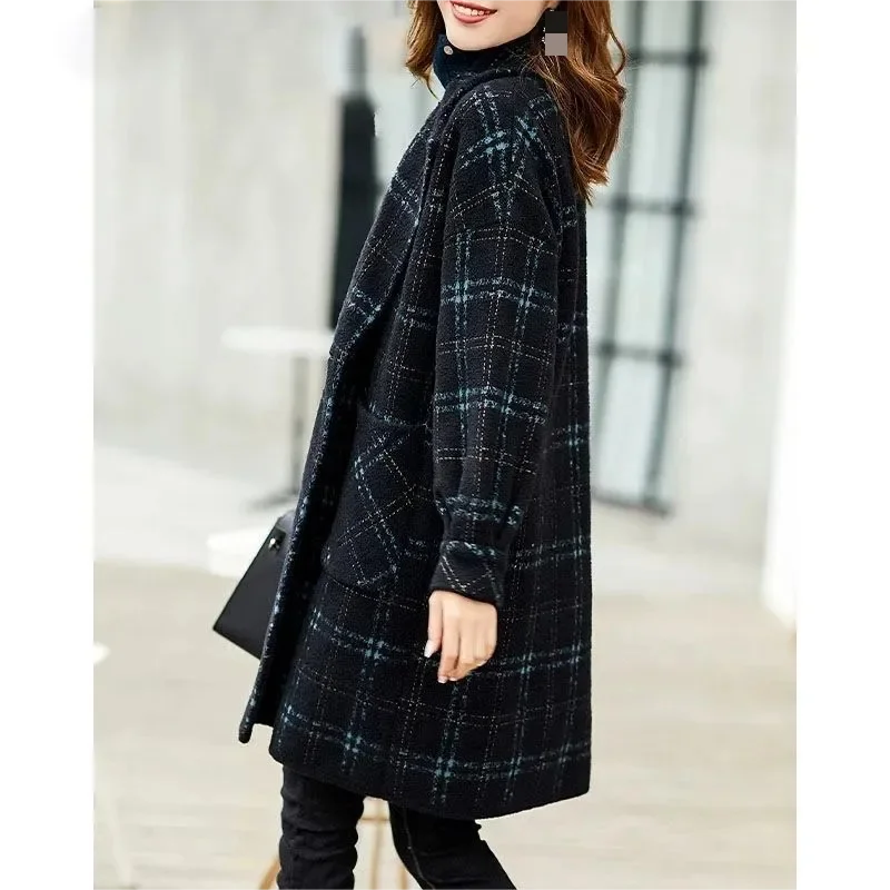 

check coat Autumn/Winter Korean loose fit Hong Kong style vintage tweed jacket women's long plaid coat