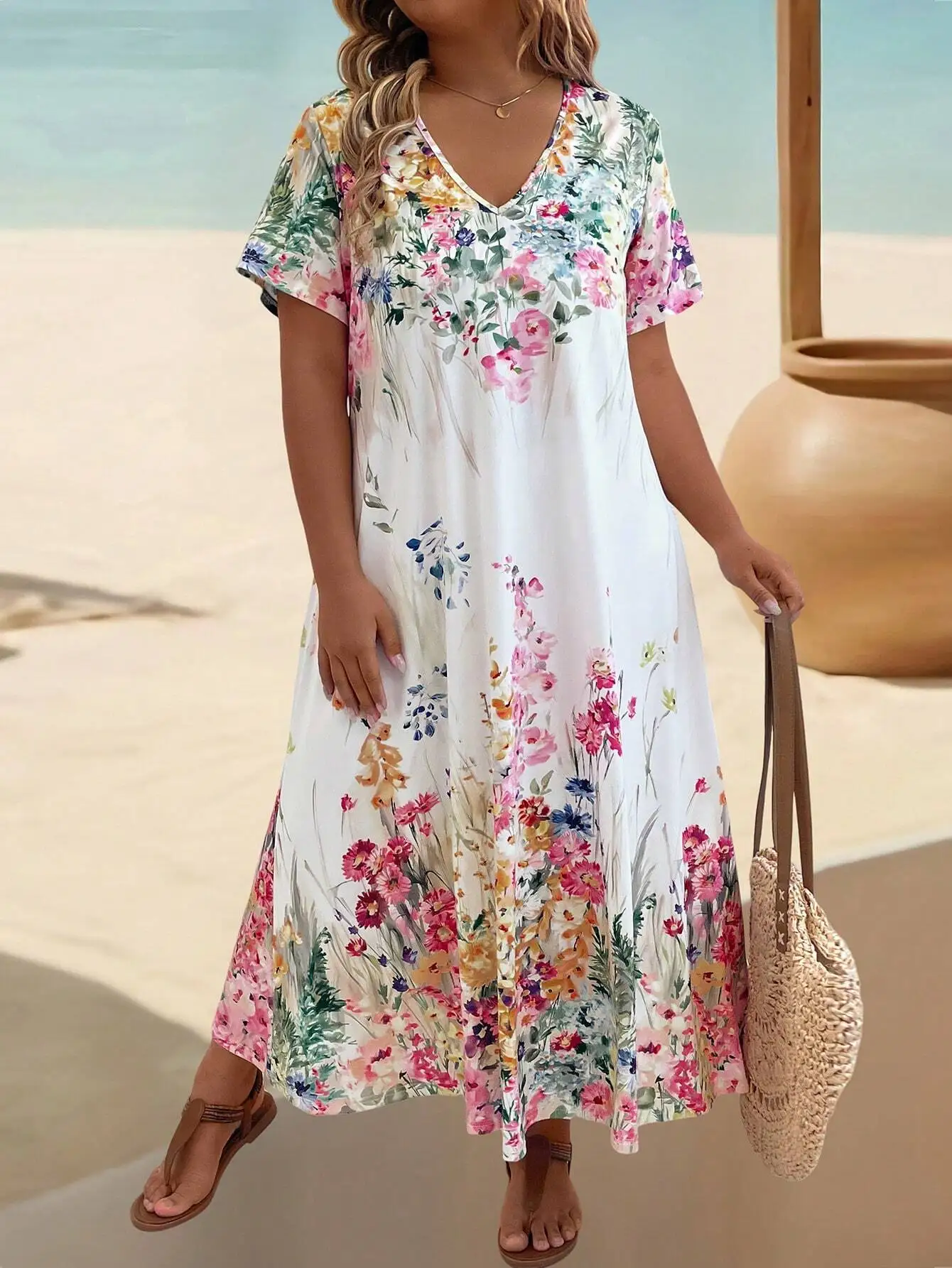 

Летнее женское платье макси свободного кроя с V-образным вырезом, коротким рукавом и цветочным принтом, больших размеров