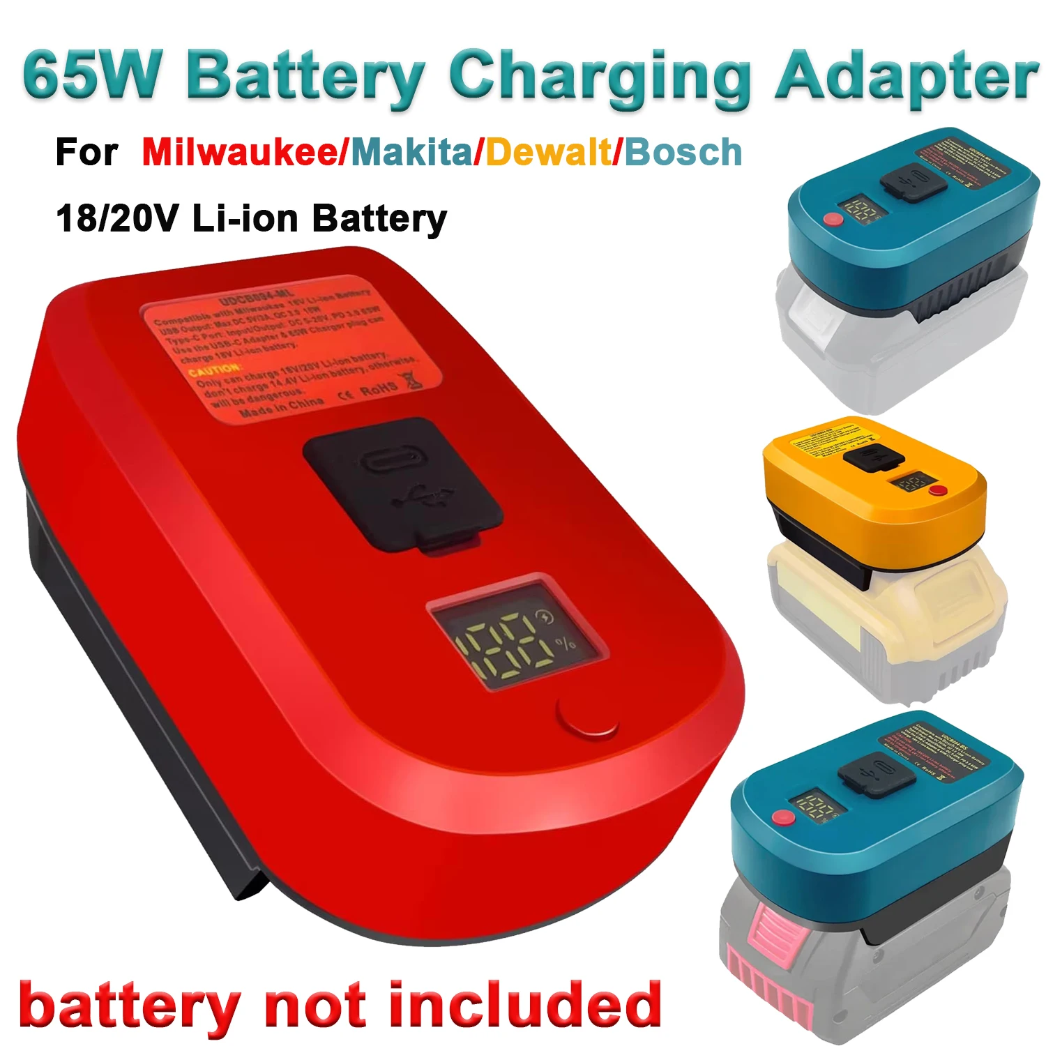 65W Fast Charge Battery Adapter for Makita/Dewalt/Milwaukee/Bosch 18/20V – Type-C/USB-A Ports, LED Display Portable Power Bank