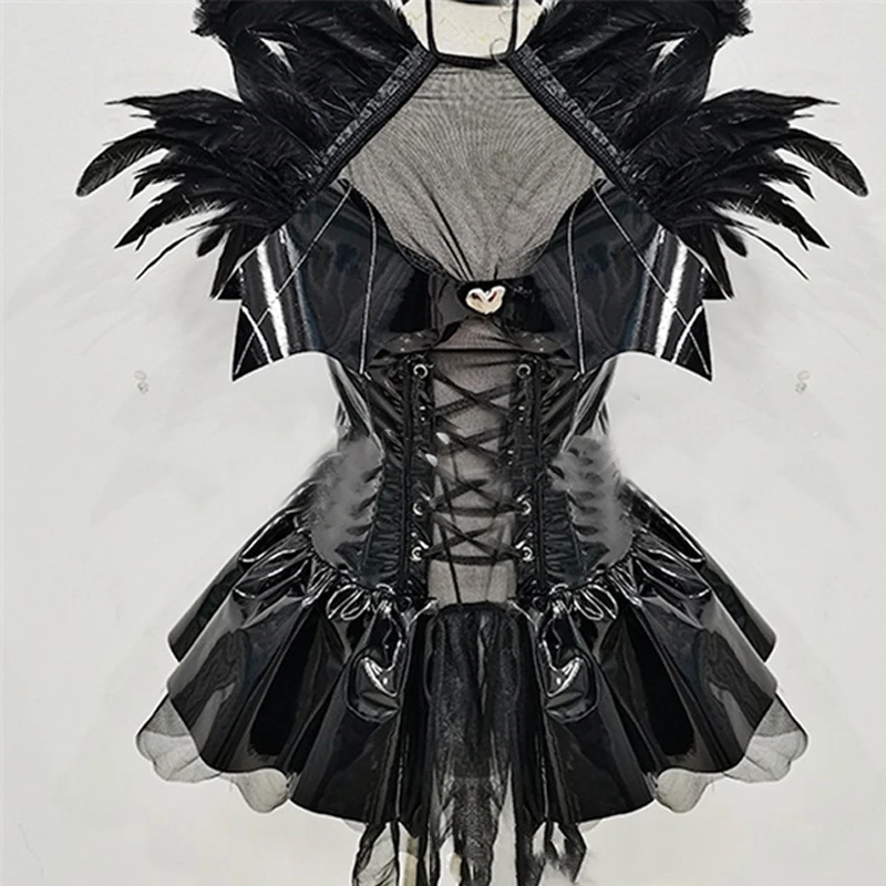 

Punk Style Black Feather Wings Dress Nightclub Party Halloween Costume Gogo Dancer Costumes Stage Festival Outfit DWY8970