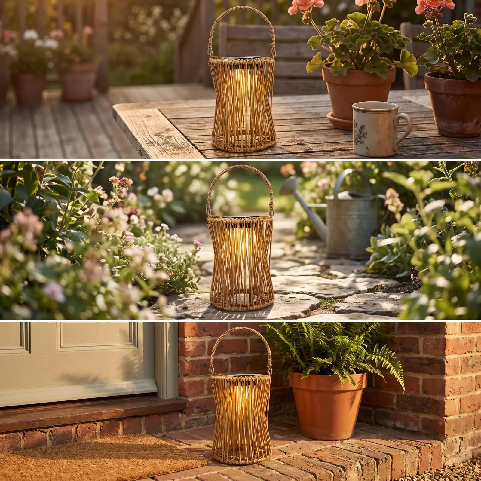 Woven Rattan Style Solar Garden Lantern for Outdoor Table Balcony Fence Decor Warm Light with Carry Handle