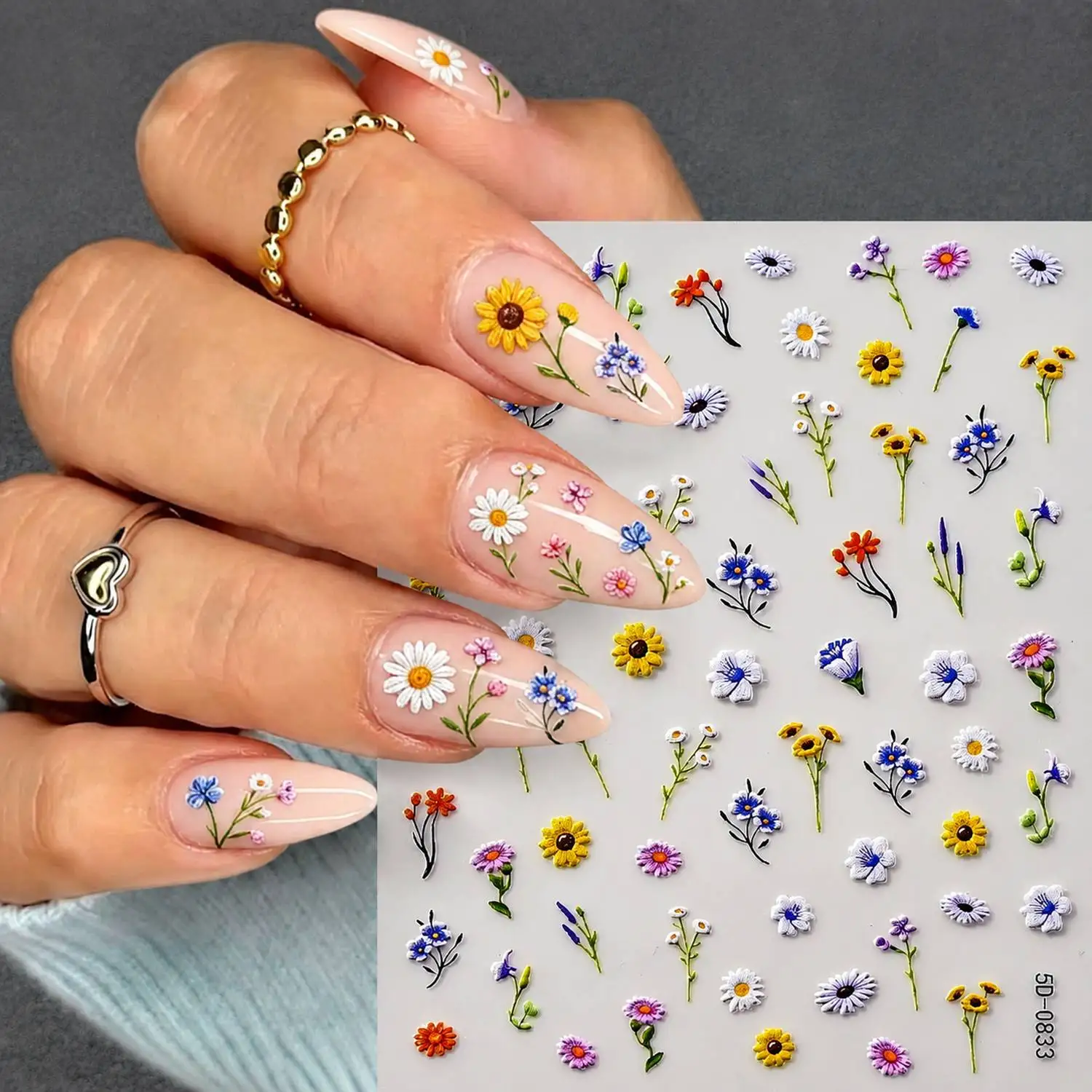 1Pc Intricate Raised Floral Nail Sticker Vibrant Pastel Bloom Nail Decal Chic Natural Style Nail Slider