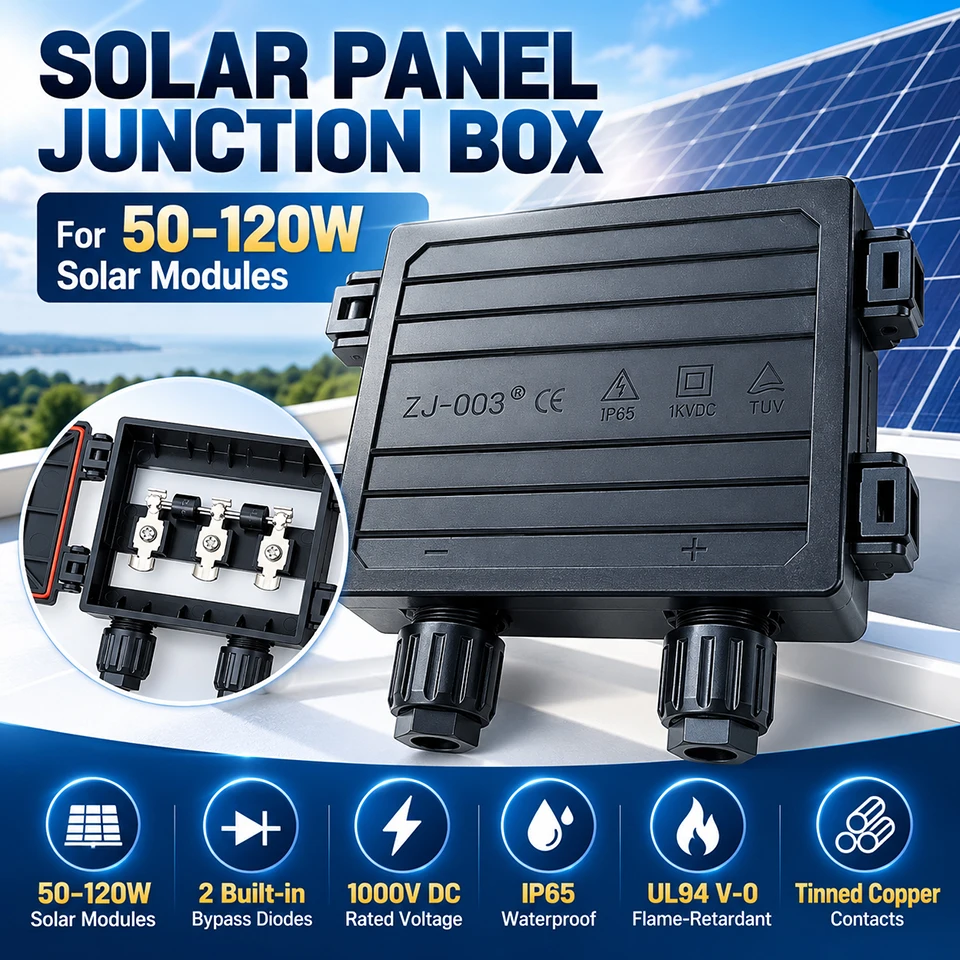 Solar Panel Junction Box 50-120W 1000V DC IP65 PV Module Box with 2 Bypass Diodes PPO Housing for 2.5/4mm² Outdoor Solar Cable