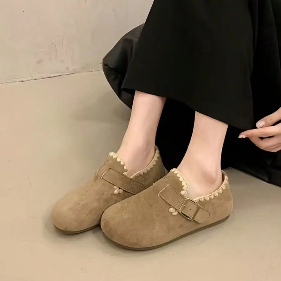 Women Suede Slip On Flats Crochet Trim Buckle Vintage Bohemian Style Comfortable Non Slip Casual Daily Footwear