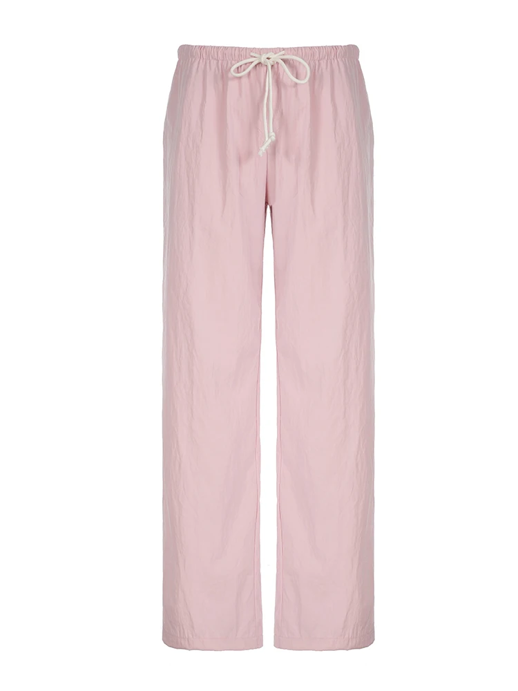 Sweetown Pink Solid Loose Casual Woven Straight Leg Pants Women Drawstring Low Waist Y2K Baggy Jogging Trousers