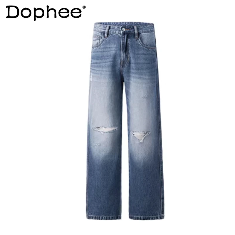 

Men's 2026 Spring Summer New Fashion Hole Design Jeans Trendy Versatile Denim Pants Male Chic Straight Wide Leg Denim Trousers