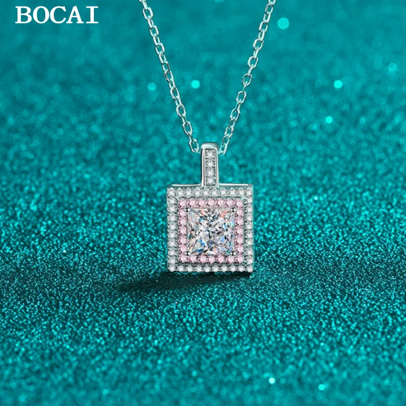 

BOCAI S925 стерлингового серебра, простой и модный, инкрустированный муассанитом, квадратный кулон, женский подарок