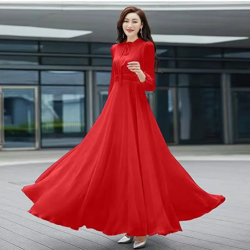 Women Chiffon Dress 2025 New Summer Fashion Long Sleeve Large Hem Tight Waist Banquet Dresses Beach Robe Party Prom Dresses