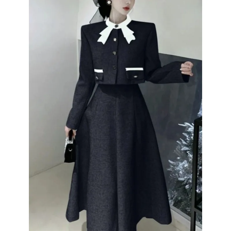 Party Suits Female Chic Long Sleeve Tops +Solid Skirt 2024 Autumn Vintage Elegant 2 Piece Dress Set Women Korean Fashion Casual