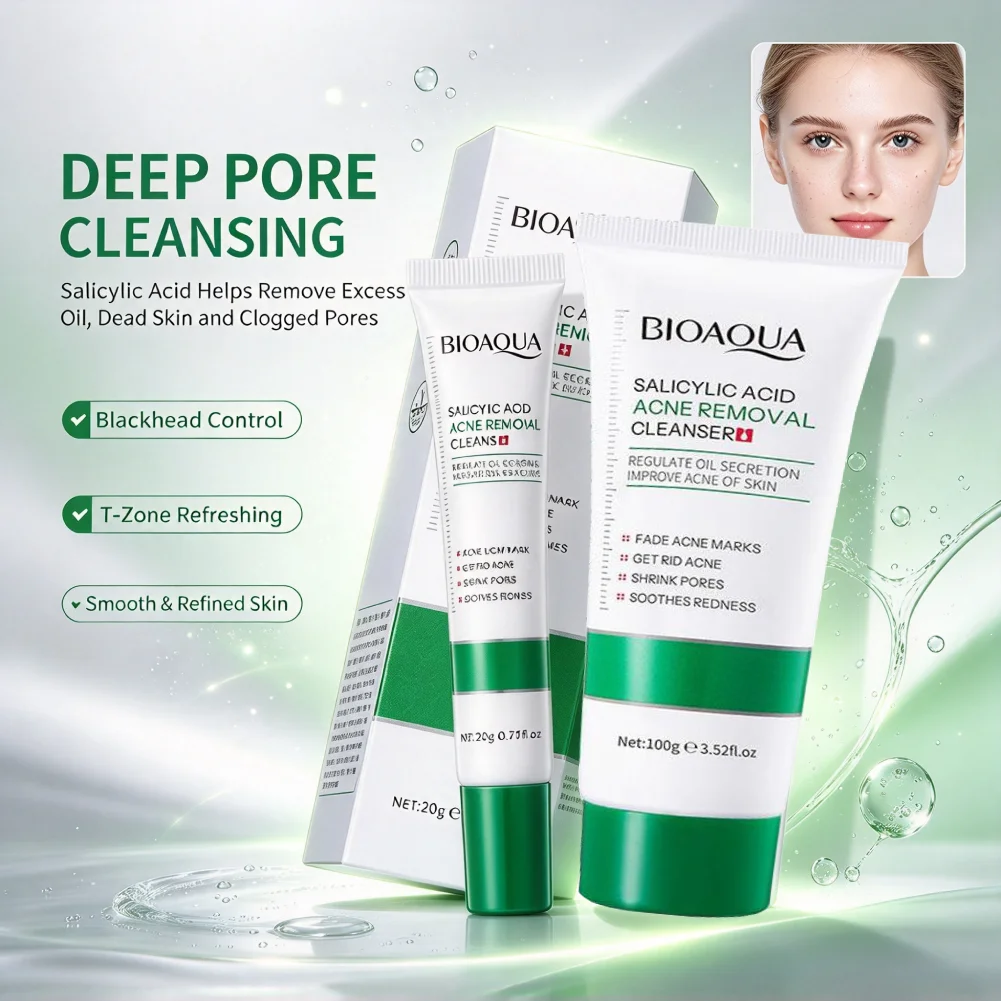 BIOAQUA Salicylic Acid Skin Care Kit, Acne Cream + Facial Cleanser, Repair Acne Scars Shrink Pores Remove Blackheads for Acne